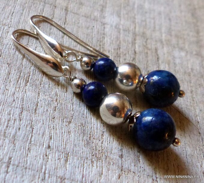 N862e Boucles d’oreilles Lapis lazuli perles Argent massif - Bijoux boucles d oreilles en ligne Ninanina