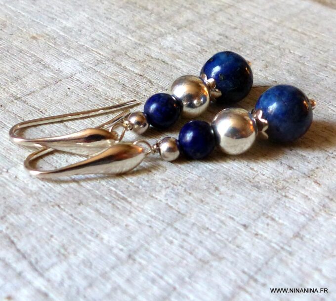 N862f Boucles d’oreilles Lapis lazuli perles Argent massif - Bijoux boucles d oreilles en ligne Ninanina