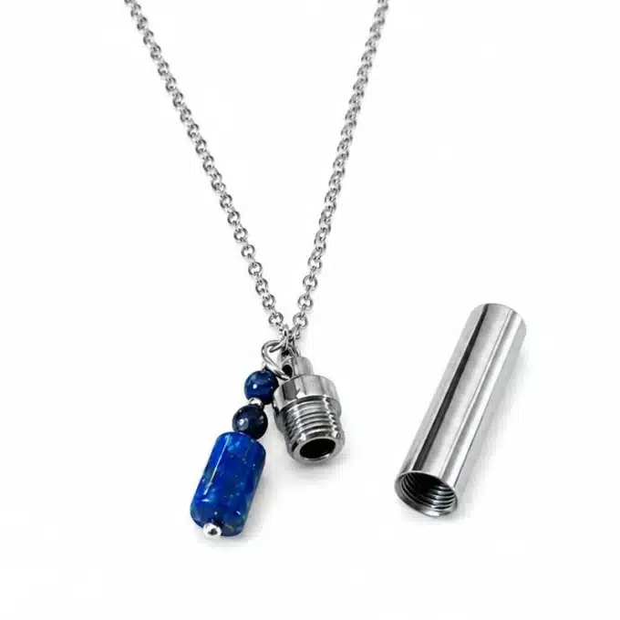 N8639a Bijou funéraire Pendentif Acier Inoxydable et Lapis Lazuli bleu naturel - Bijoux Colliers funéraires en ligne Ninanina