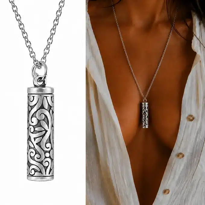 N8646-4730d Collier Pendentif urne funéraire Acier Inoxydable Argenté - Collier artisanal - Bijoux colliers funéraires en ligne Ninanina