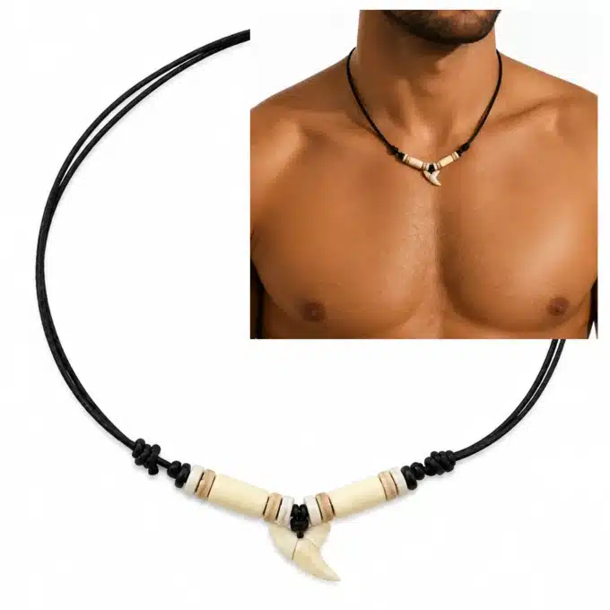 N8648b Collier ethnique homme pendentif dent de requin perles bois - Bijoux colliers hommes en ligne Ninanina