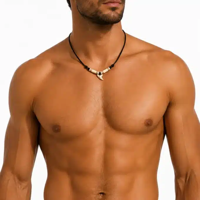 N8648c Collier ethnique homme pendentif dent de requin perles bois - Bijoux colliers hommes en ligne Ninanina