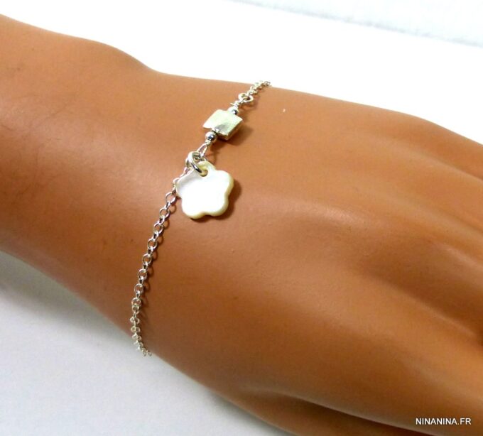 N887terk bracelet argent massif fleur nacre