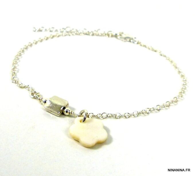 N887terq bracelet argent massif fleur nacre