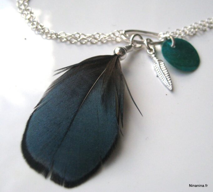 N888tera bracelet argent massif et plume turquoise