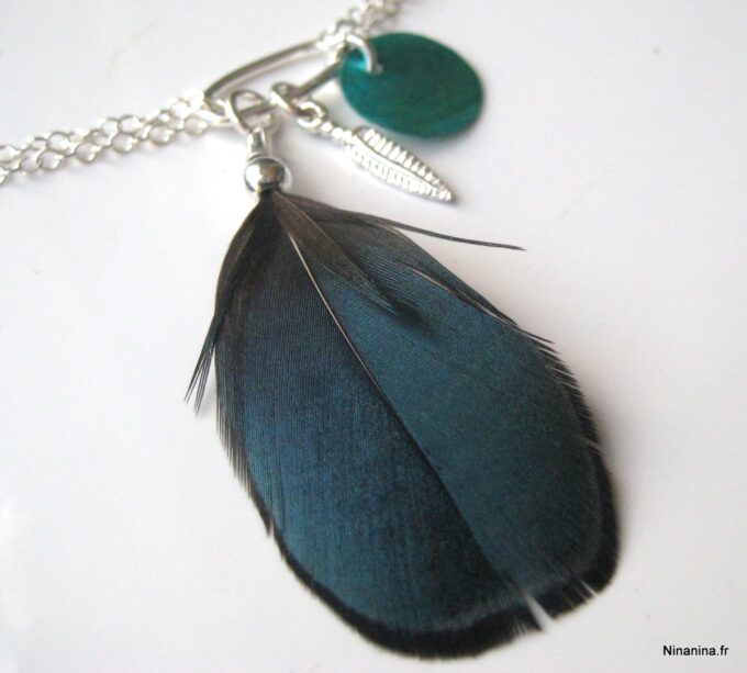 N888terb bracelet argent massif et plume turquoise