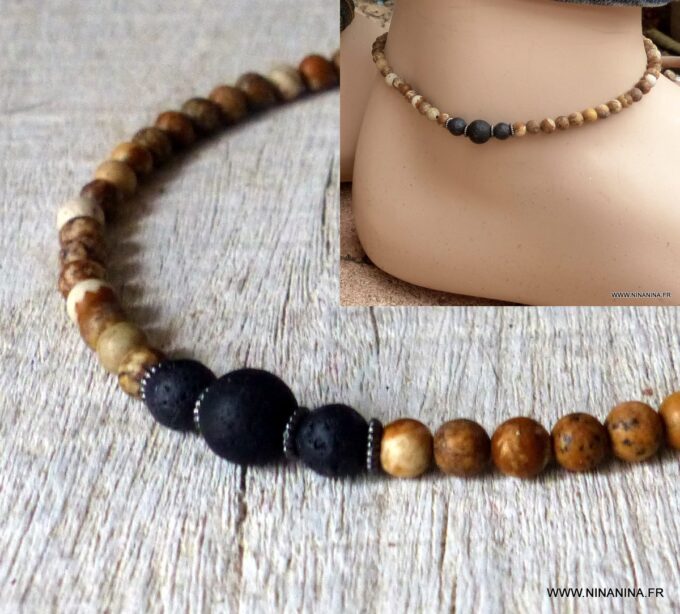 N6408 Bracelet de cheville homme ethnique pierre naturelle et pierre de lave - Bijoux Bracelets en ligne Ninanina