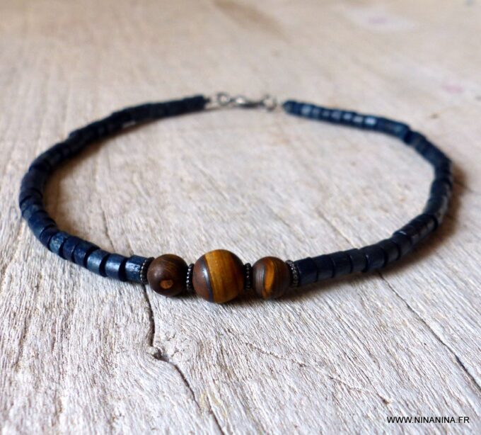 N6440c Bracelet de cheville homme ethnique perles oeil de tigre et rondelles bois bleu