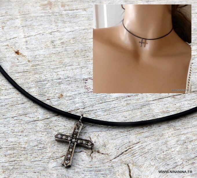 N6508 Ras de cou diamant pendentif croix diamants argent noir - Bijoux Colliers en ligne Ninanina