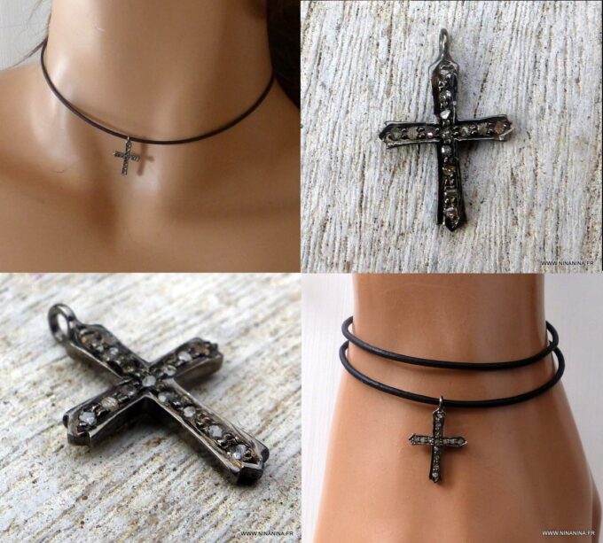 N6508b Ras de cou diamant pendentif croix diamants argent noir - Bijoux Colliers en ligne Ninanina