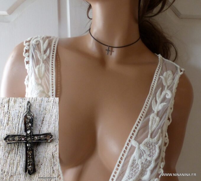 N6508c Ras de cou diamant pendentif croix diamants argent noir - Bijoux Colliers en ligne Ninanina