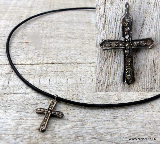 N6508e Ras de cou diamant pendentif croix diamants argent noir - Bijoux Colliers en ligne Ninanina