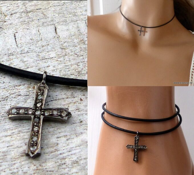 N6508g Ras de cou diamant pendentif croix diamants argent noir - Bijoux Colliers en ligne Ninanina