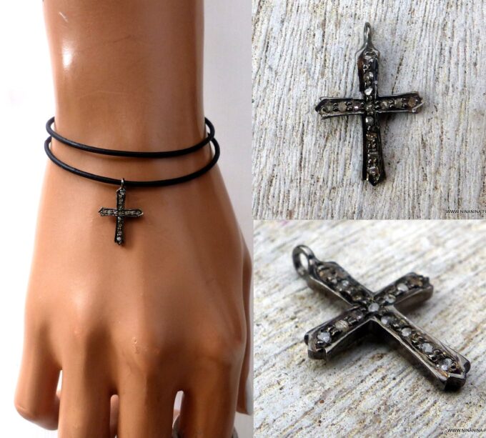 N6509 Bracelet diamant femme pendentif croix diamants argent noir - Bijoux Colliers en ligne Ninanina