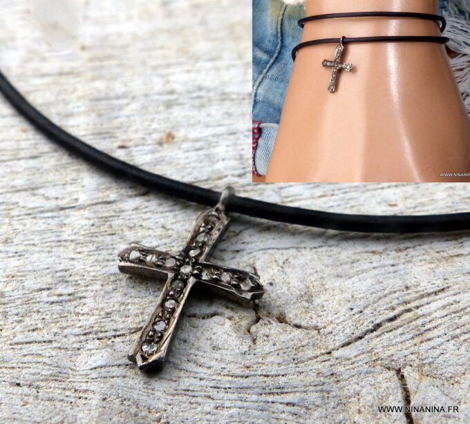 N6509c Bracelet diamant femme pendentif croix diamants argent noir - Bijoux Colliers en ligne Ninanina