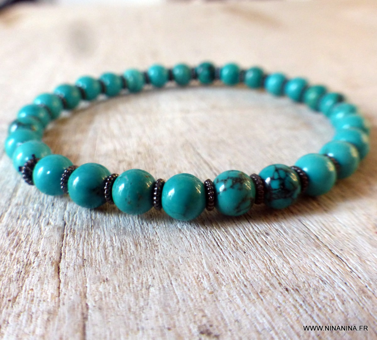 Bracelet élastique argent massif 925 et pierres de turquoise - Perle de Jade