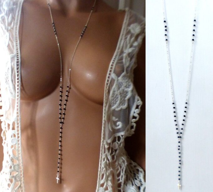 N6514b Chapelet argent massif femme pierres noires - Bijoux Colliers en ligne Ninanina