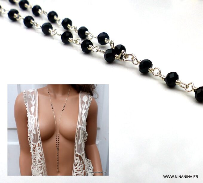 N6514e Chapelet argent massif femme pierres noires - Bijoux Colliers en ligne Ninanina