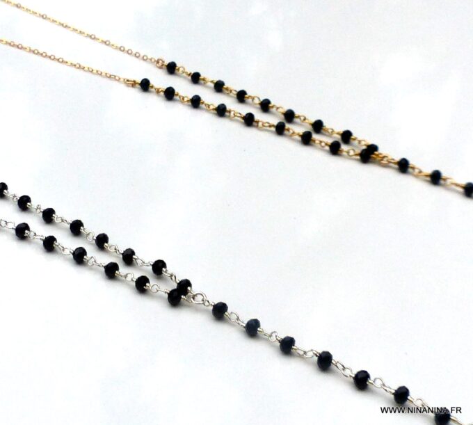 N6514h Chapelet argent massif femme pierres noires - Bijoux Colliers en ligne Ninanina