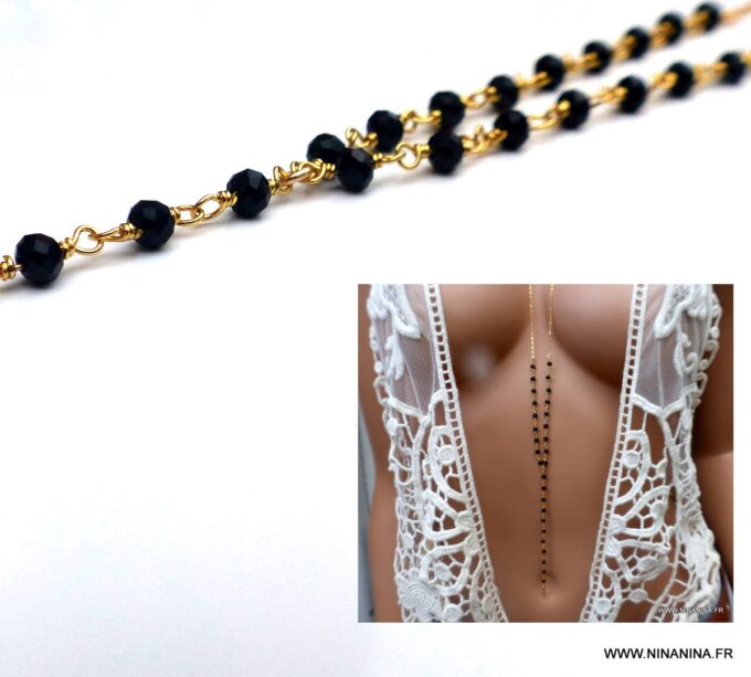 N6515a Chapelet plaqué or femme pierres noires onyx - Bijoux Colliers en ligne Ninanina