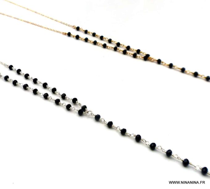 N6515d Chapelet plaqué or femme pierres noires onyx - Bijoux Colliers en ligne Ninanina