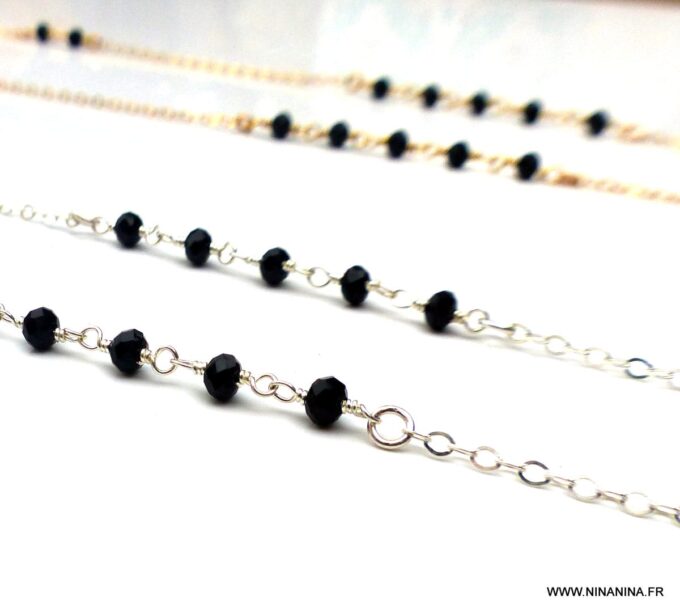 N6515g Chapelet plaqué or femme pierres noires onyx - Bijoux Colliers en ligne Ninanina