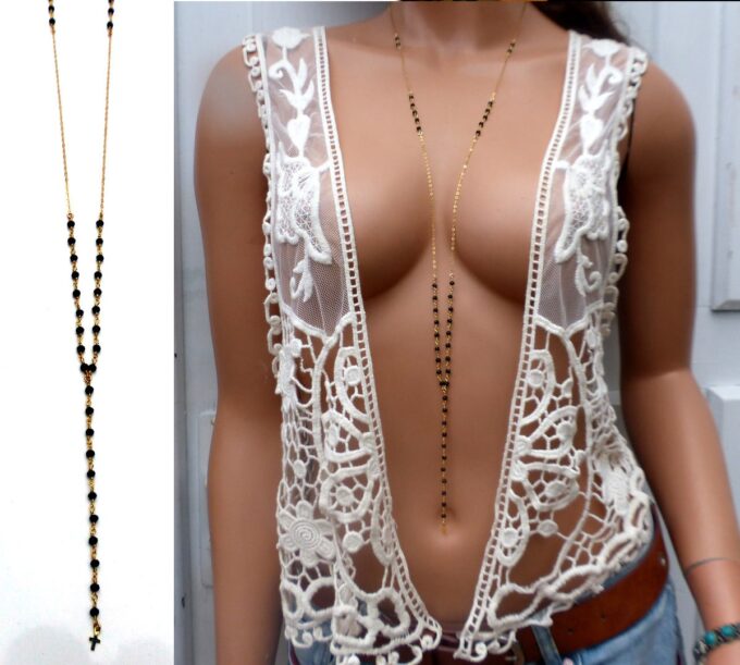 N6515o Chapelet plaqué or femme pierres noires onyx - Bijoux Colliers en ligne Ninanina