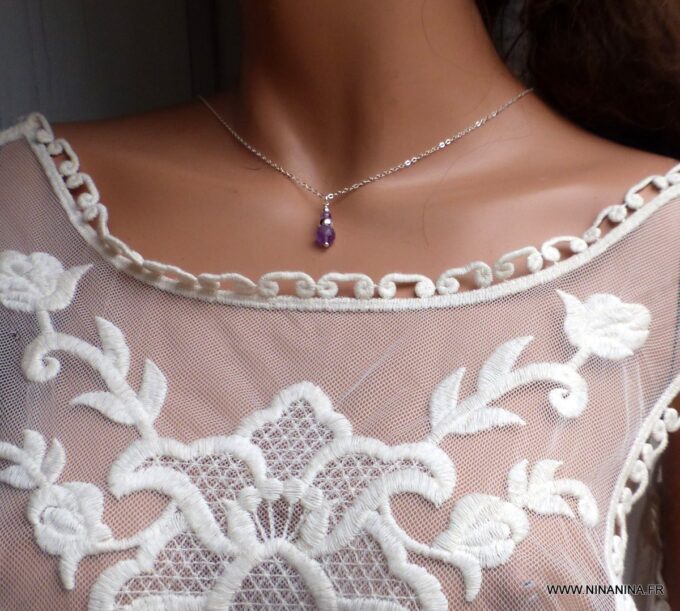 N6518a collier de dos mariage argent et pierres violettes en améthyste naturelle - Bijoux Colliers en ligne Ninanina