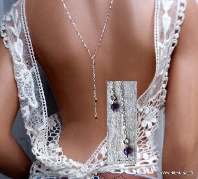 N6518b collier de dos mariage argent et pierres violettes en améthyste naturelle - Bijoux Colliers en ligne Ninanina