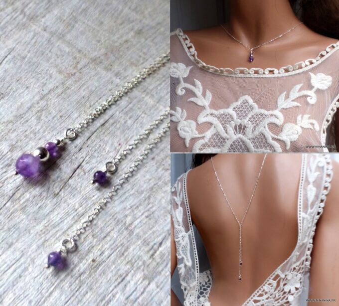 N6518c collier de dos mariage argent et pierres violettes en améthyste naturelle - Bijoux Colliers en ligne Ninanina