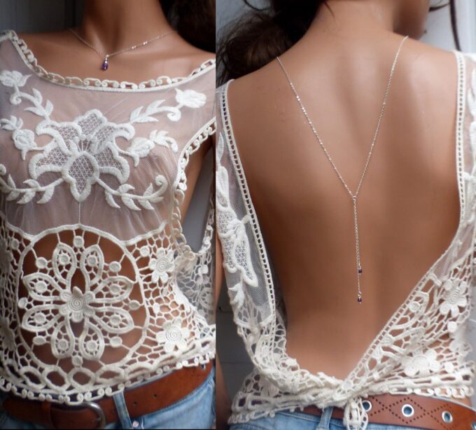 N6518d collier de dos mariage argent et pierres violettes en améthyste naturelle - Bijoux Colliers en ligne Ninanina