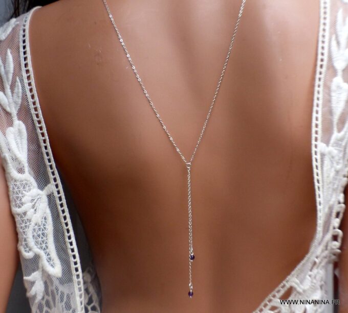 N6518e collier de dos mariage argent et pierres violettes en améthyste naturelle - Bijoux Colliers en ligne Ninanina
