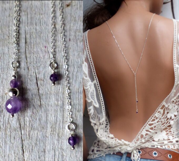 N6518f collier de dos mariage argent et pierres violettes en améthyste naturelle - Bijoux Colliers en ligne Ninanina