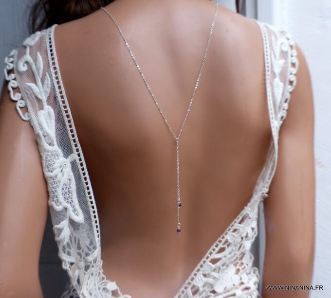 N6518h collier de dos mariage argent et pierres violettes en améthyste naturelle - Bijoux Colliers en ligne Ninanina