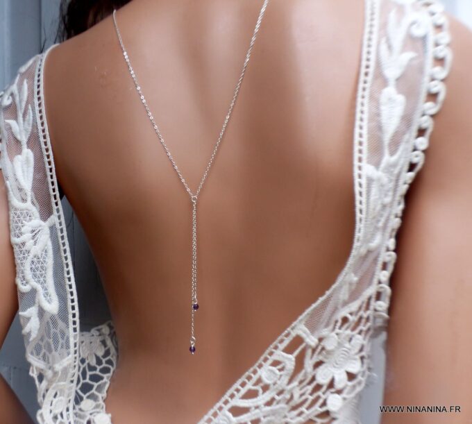 N6518j collier de dos mariage argent et pierres violettes en améthyste naturelle - Bijoux Colliers en ligne Ninanina