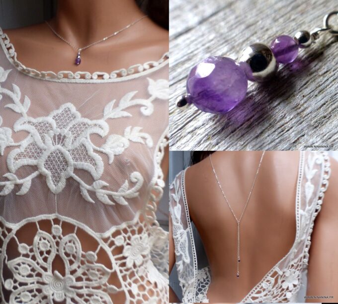 N6518k collier de dos mariage argent et pierres violettes en améthyste naturelle - Bijoux Colliers en ligne Ninanina