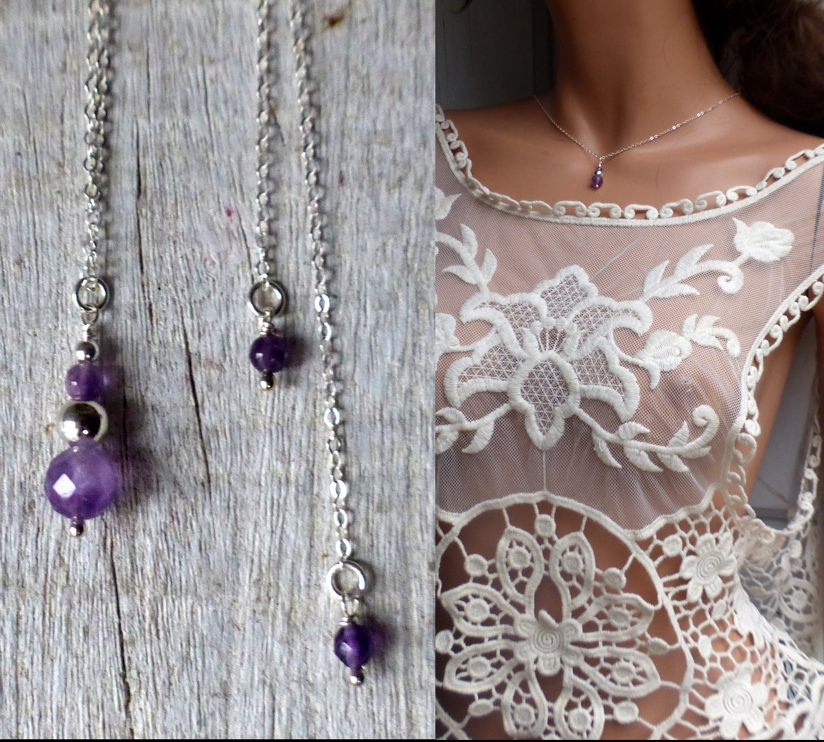Collier Ethnique Plaqué Argent Avec Pierre Violette Améthyste (verre) - Longueur 51-55 Cm, Thème Bohème