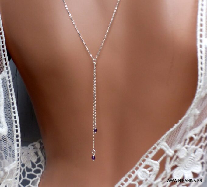 N6518m collier de dos mariage argent et pierres violettes en améthyste naturelle - Bijoux Colliers en ligne Ninanina