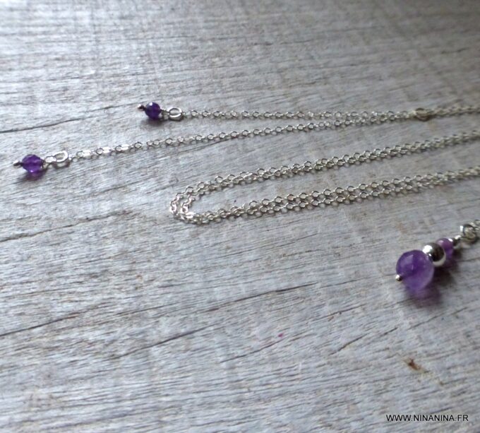 N6518n collier de dos mariage argent et pierres violettes en améthyste naturelle - Bijoux Colliers en ligne Ninanina