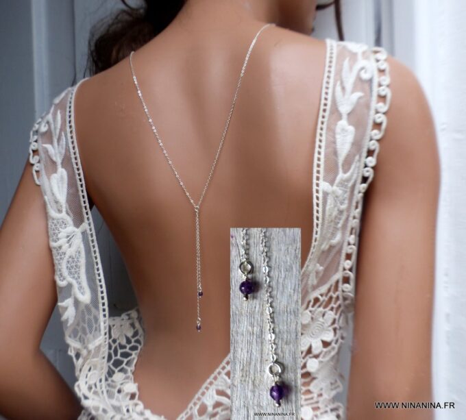 N6518o collier de dos mariage argent et pierres violettes en améthyste naturelle - Bijoux Colliers en ligne Ninanina
