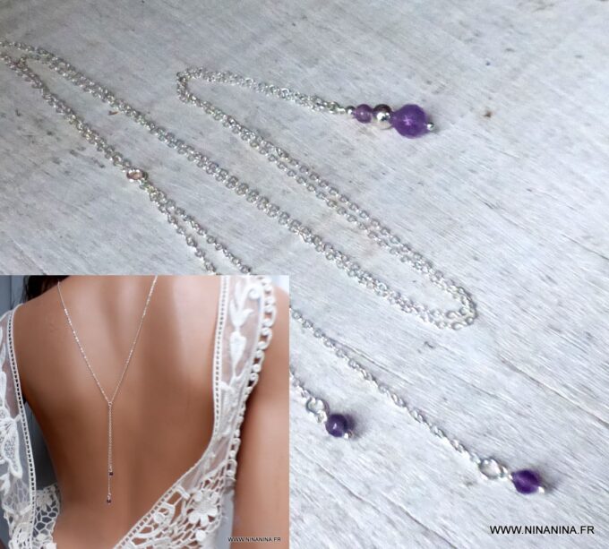 N6518p collier de dos mariage argent et pierres violettes en améthyste naturelle - Bijoux Colliers en ligne Ninanina