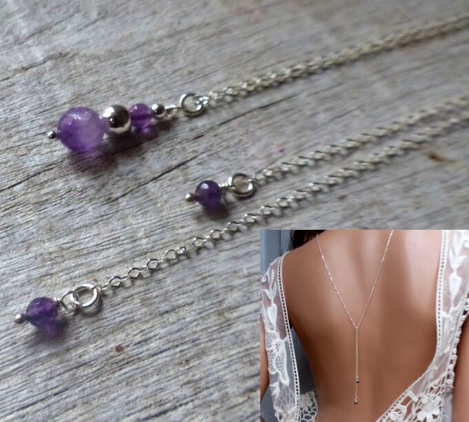 N6518r collier de dos mariage argent et pierres violettes en améthyste naturelle - Bijoux Colliers en ligne Ninanina
