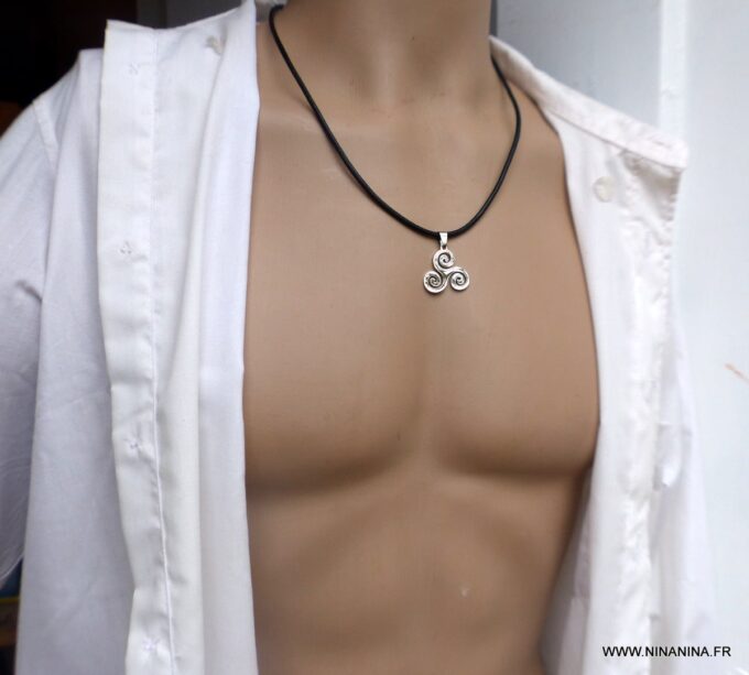 N6519b Collier triskel homme cuir et acier argenté - Bijoux Collliers en ligne Ninanina
