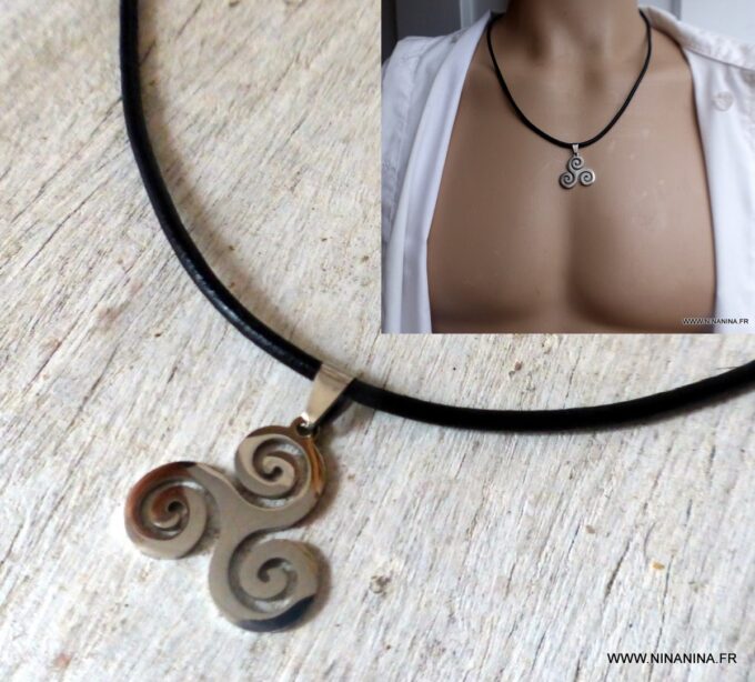 N6519c Collier triskel homme cuir et acier argenté - Bijoux Collliers en ligne Ninanina