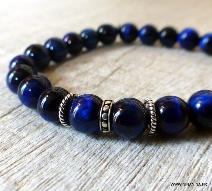 N6522b Bracelet oeil de tigre bleu et argent 925 - Bijoux Bracelets en ligne Ninanina