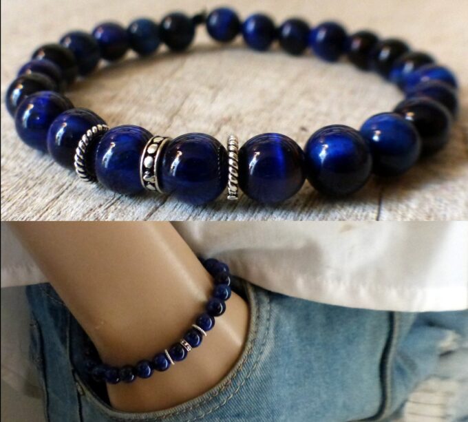 N6522c Bracelet oeil de tigre bleu et argent 925 - Bijoux Bracelets en ligne Ninanina