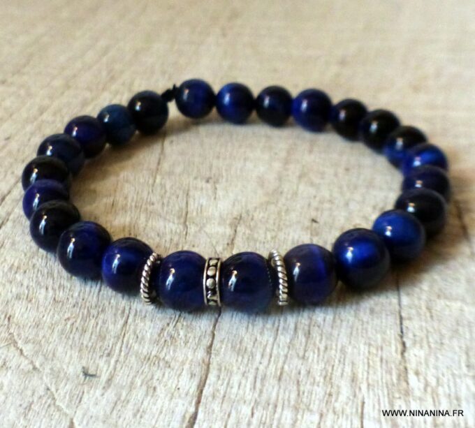 N6522f Bracelet oeil de tigre bleu et argent 925 - Bijoux Bracelets en ligne Ninanina
