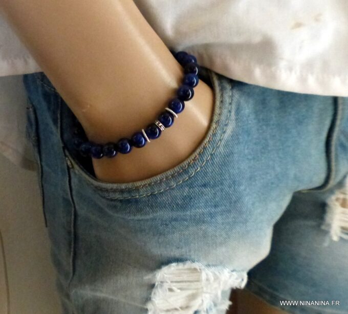 N6522g Bracelet oeil de tigre bleu et argent 925 - Bijoux Bracelets en ligne Ninanina