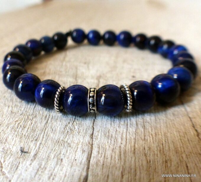 N6522h Bracelet oeil de tigre bleu et argent 925 - Bijoux Bracelets en ligne Ninanina