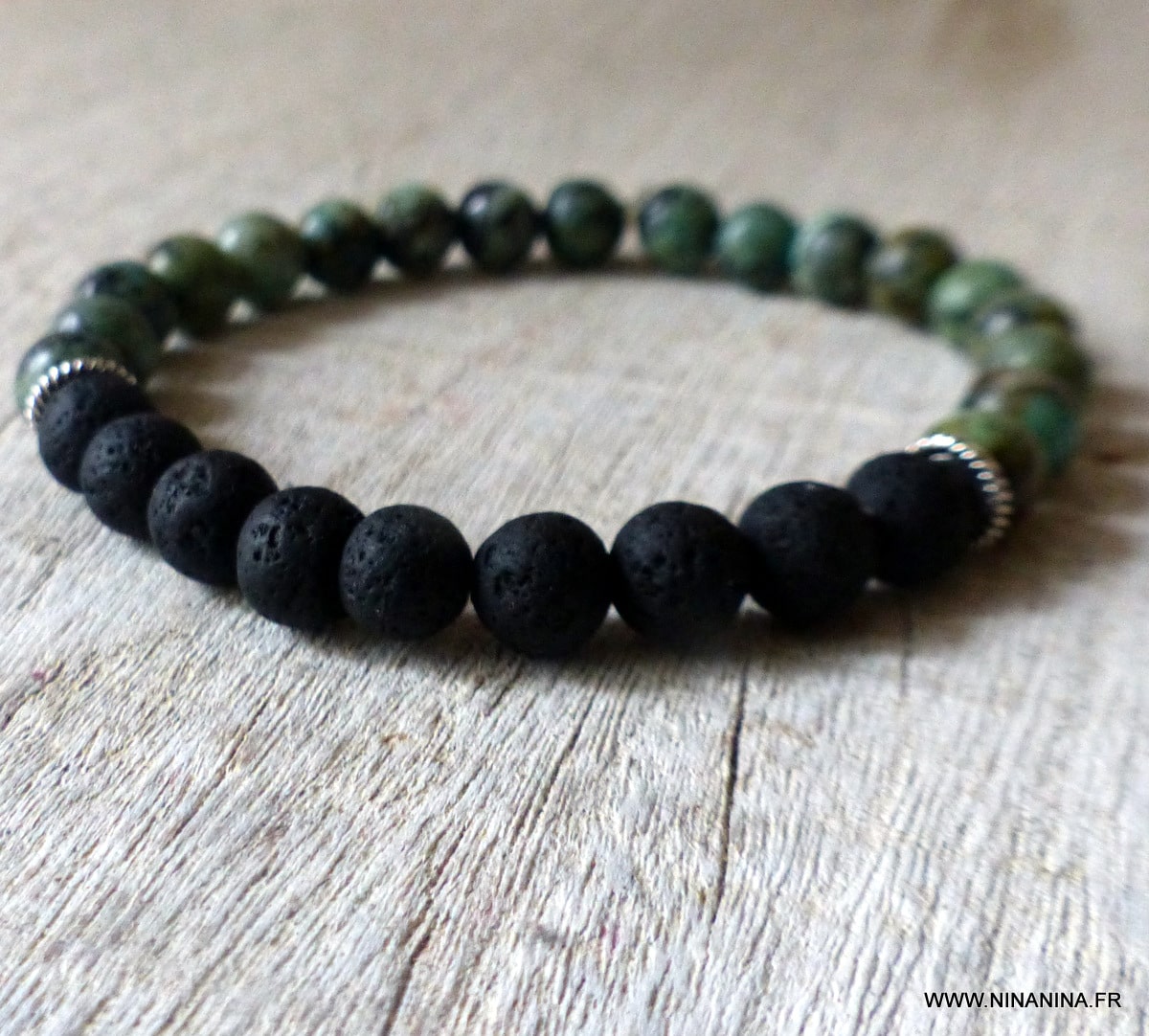 Bracelet de perles pierre de Lave et Malachite, Sur mesure pour Homme ou  Femme